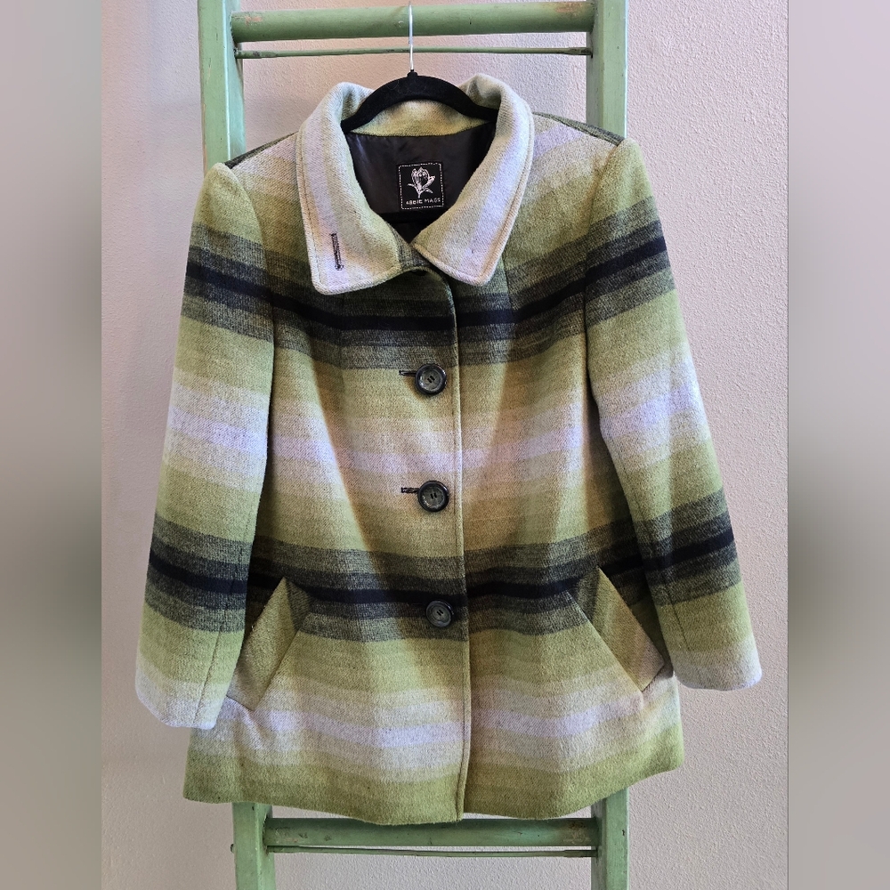 Abbie Mags Green/Black Wool Blend Fully Lined Pea Coat, Sz M